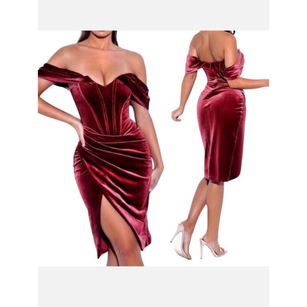 Miss Circle Omaria Velvet Dress Off Shoulder Corset Bustier Bodice Red Maroon S